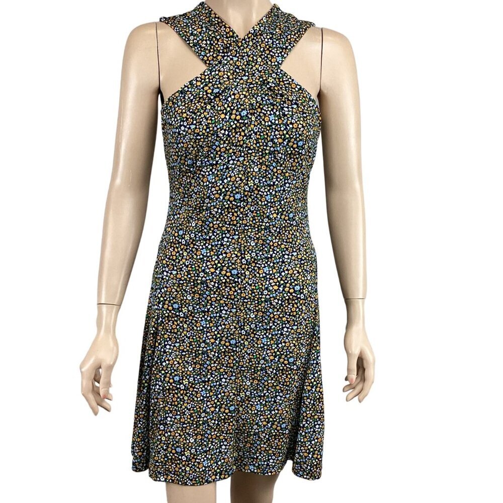 Michael Kors Quinn Floral Cross Neck Dress‎ Size XS Xsmall Taxi Yellow Stretch